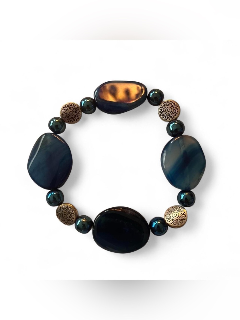 Blue Agate Stretch Bracelet with Gold-Tone Accents